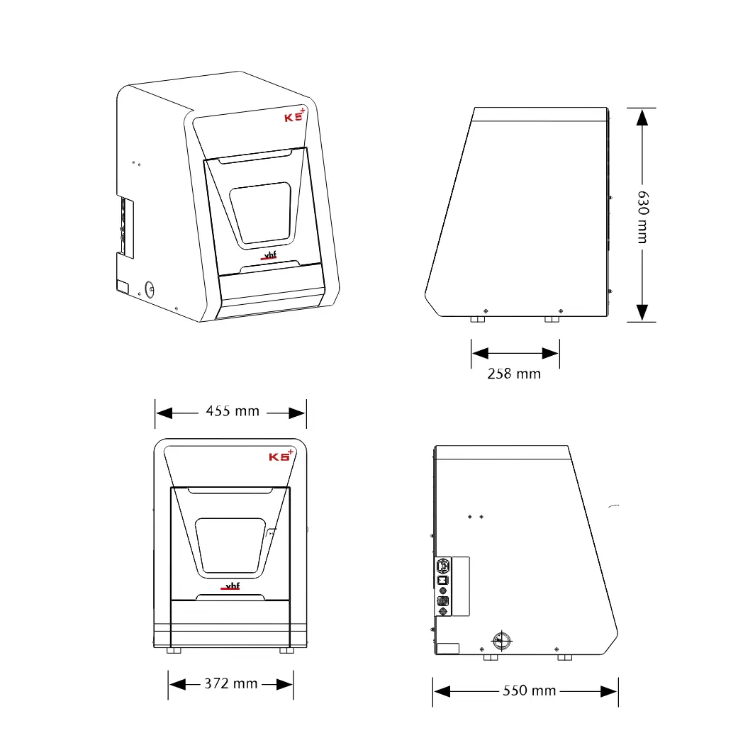 نقشه ابعادی دستگاه K5 پلاس از نمای جلو، کنار و بالا همراه با اندازه‌گیری میلی‌متری