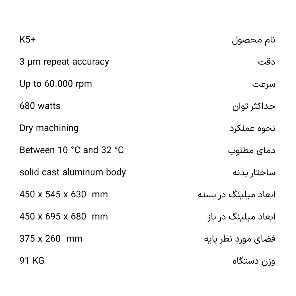 جدول مشخصات فنی دستگاه K5 پلاس شامل دقت، سرعت، توان، نحوه عملکرد، دمای کاری و ابعاد